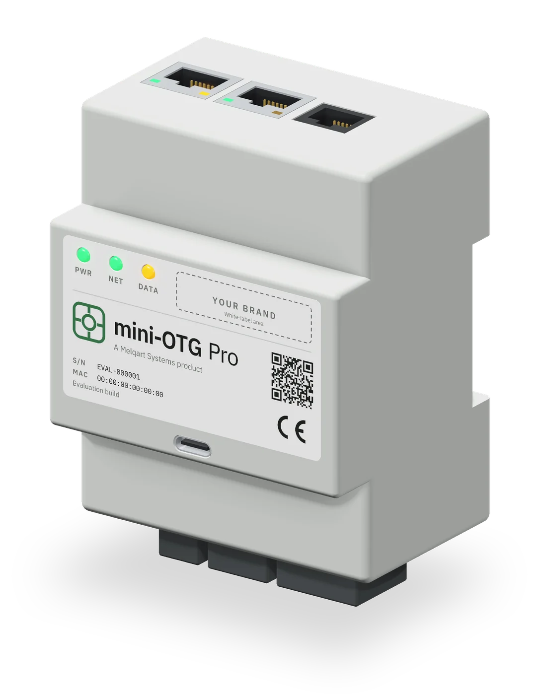 mini-OTG Pro DIN-rail gateway: Ethernet, HAN and P1 ports on top, a front label with status LEDs, a white-label area and a QR code